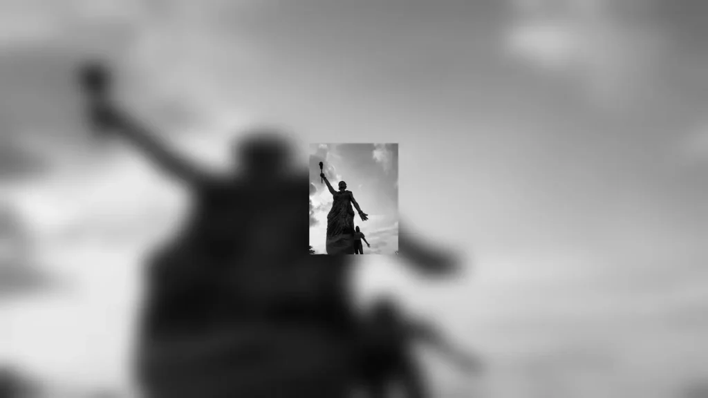 Black-and-white photo of the dancer sculpture at the National Arts Theatre in Lagos.